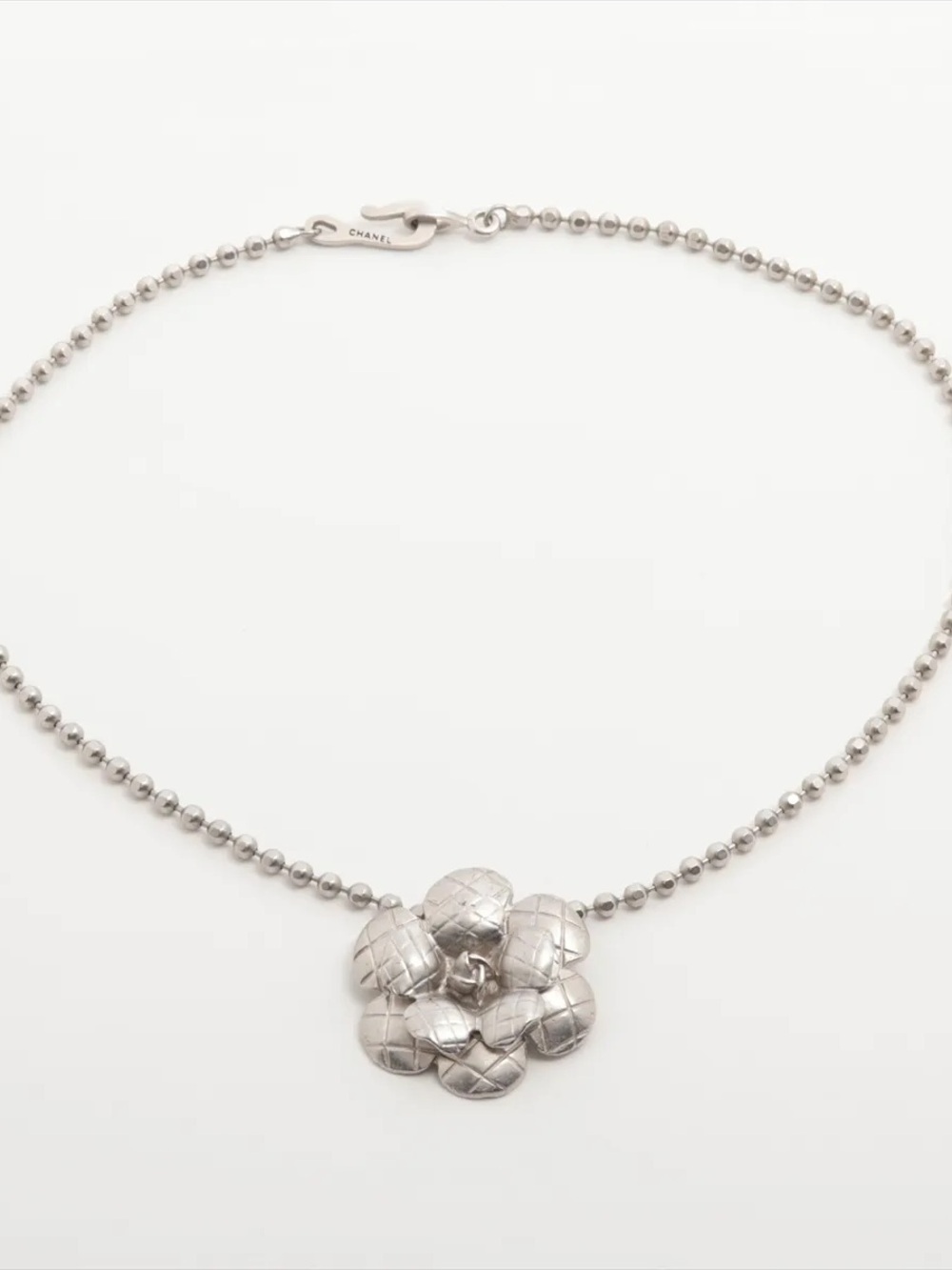 CHANEL Quilted Camellia Pendant Ball Chain Necklace - Silver